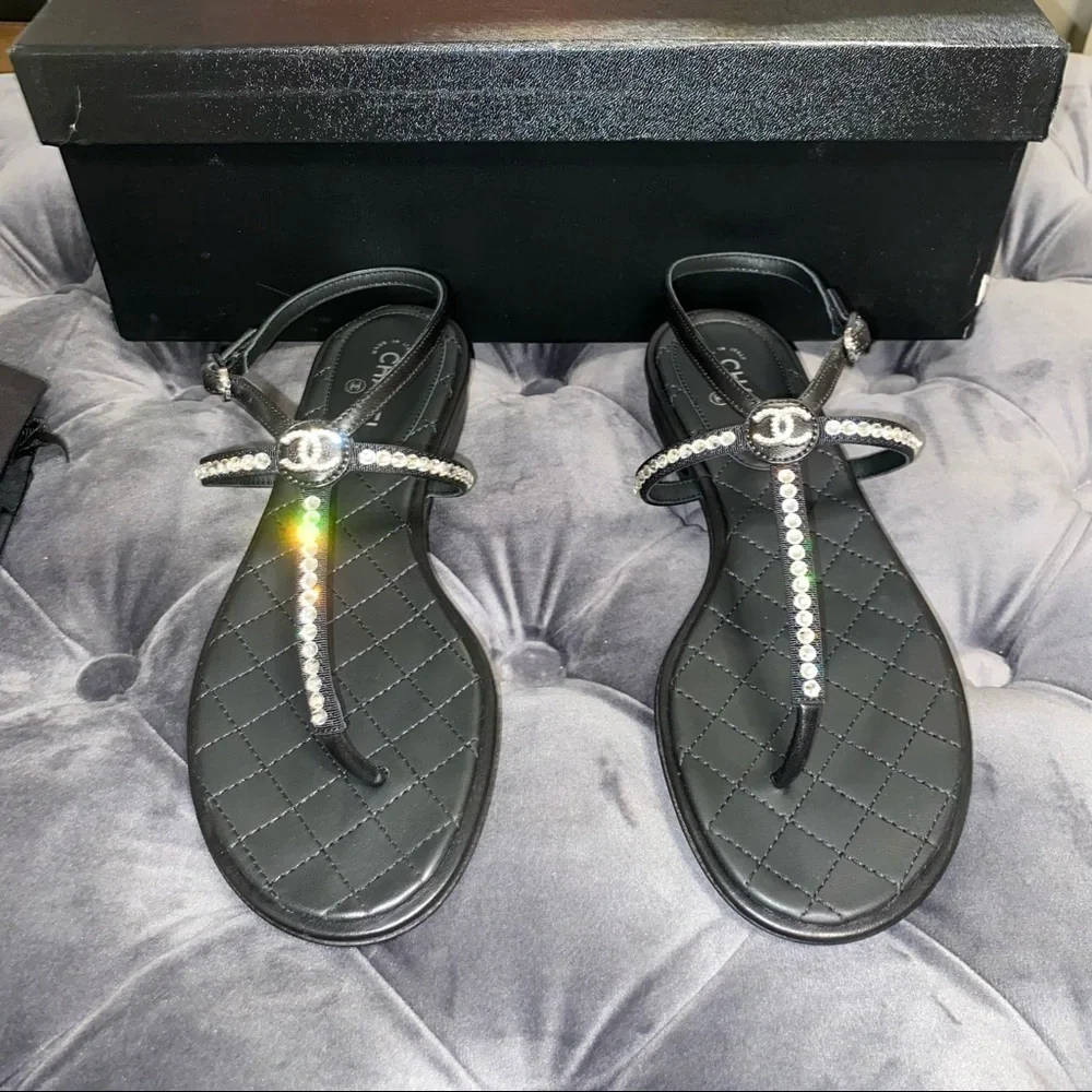 New Size 35.5 Chanel Black Thong Sandals Rhinestones